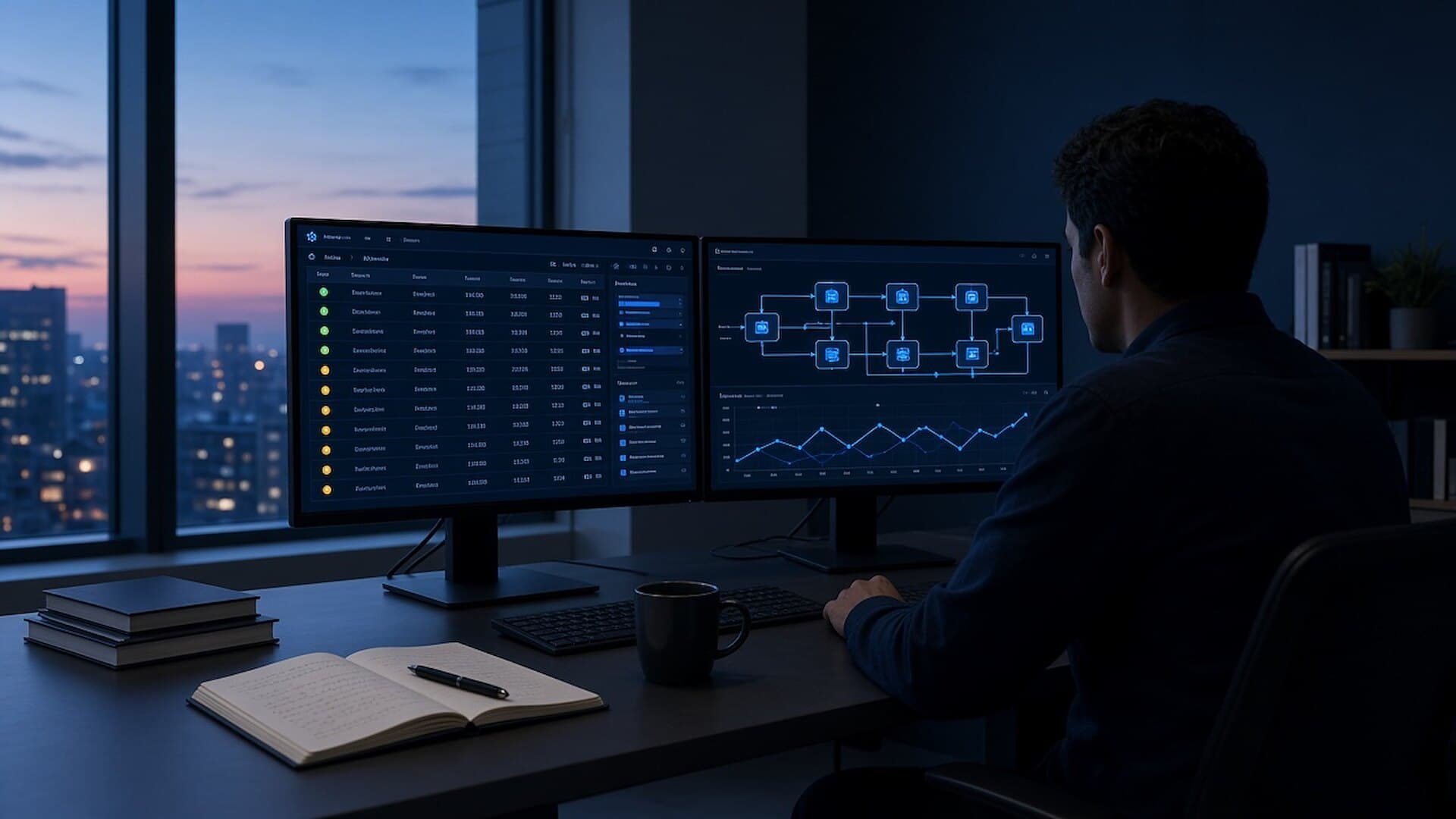 Engineer at dusk reviewing an AI evaluation dashboard with test results and a retrieval pipeline diagram