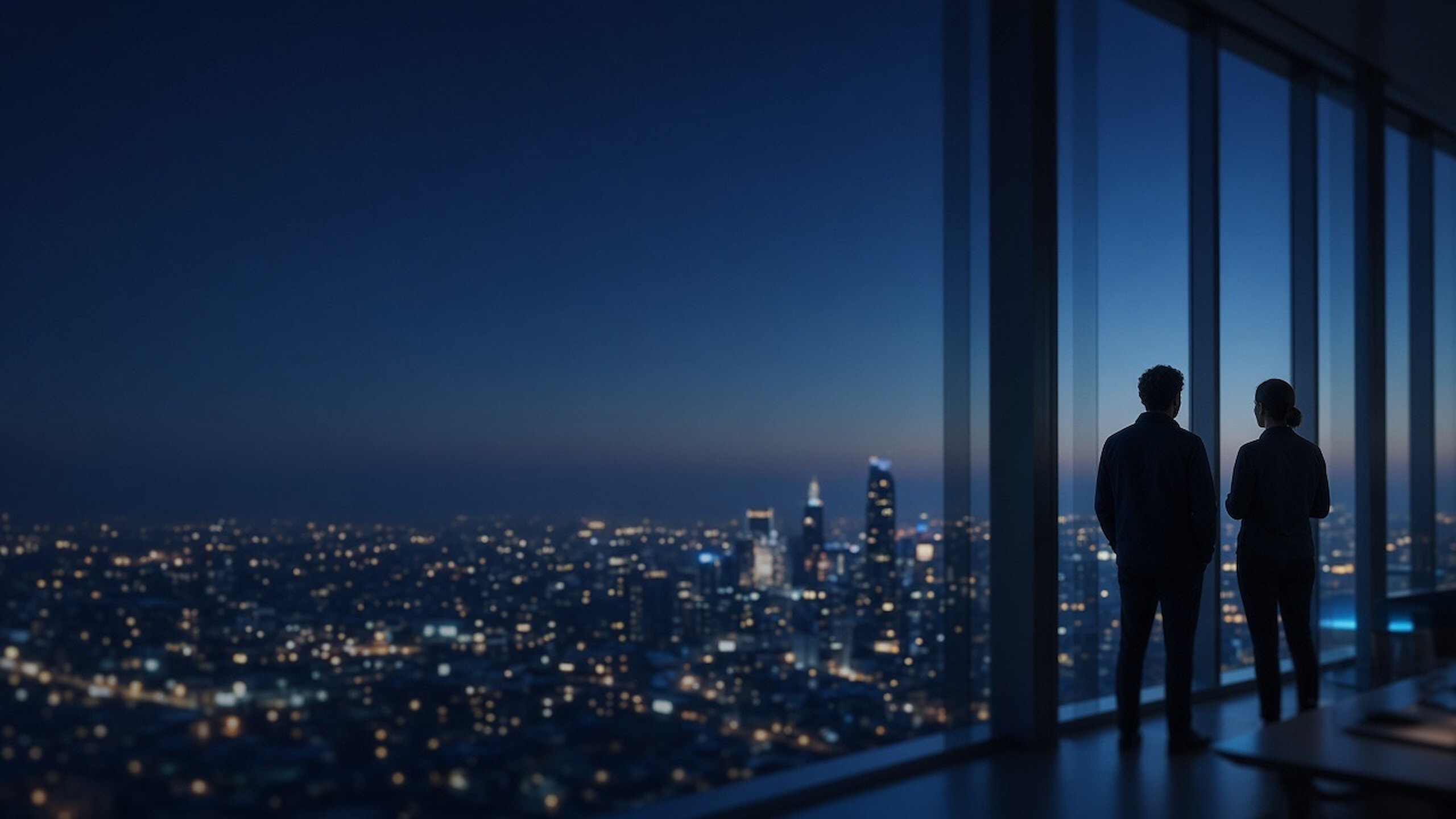 Two engineers looking out over a city skyline at dusk from a high office floor
