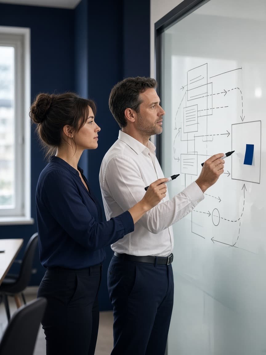 Two architects sketching a system diagram on a glass whiteboard