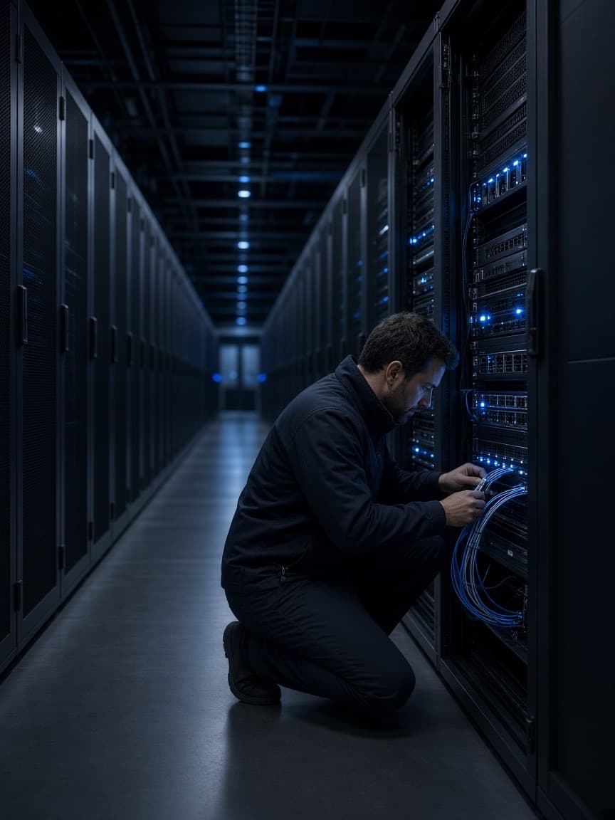 Engineer labelling fibre cables in a data centre aisle