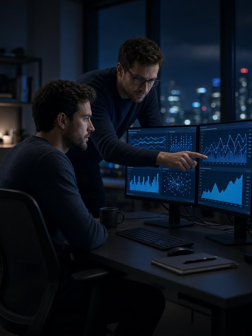 Two engineers reviewing monitoring dashboards in an operations room at night