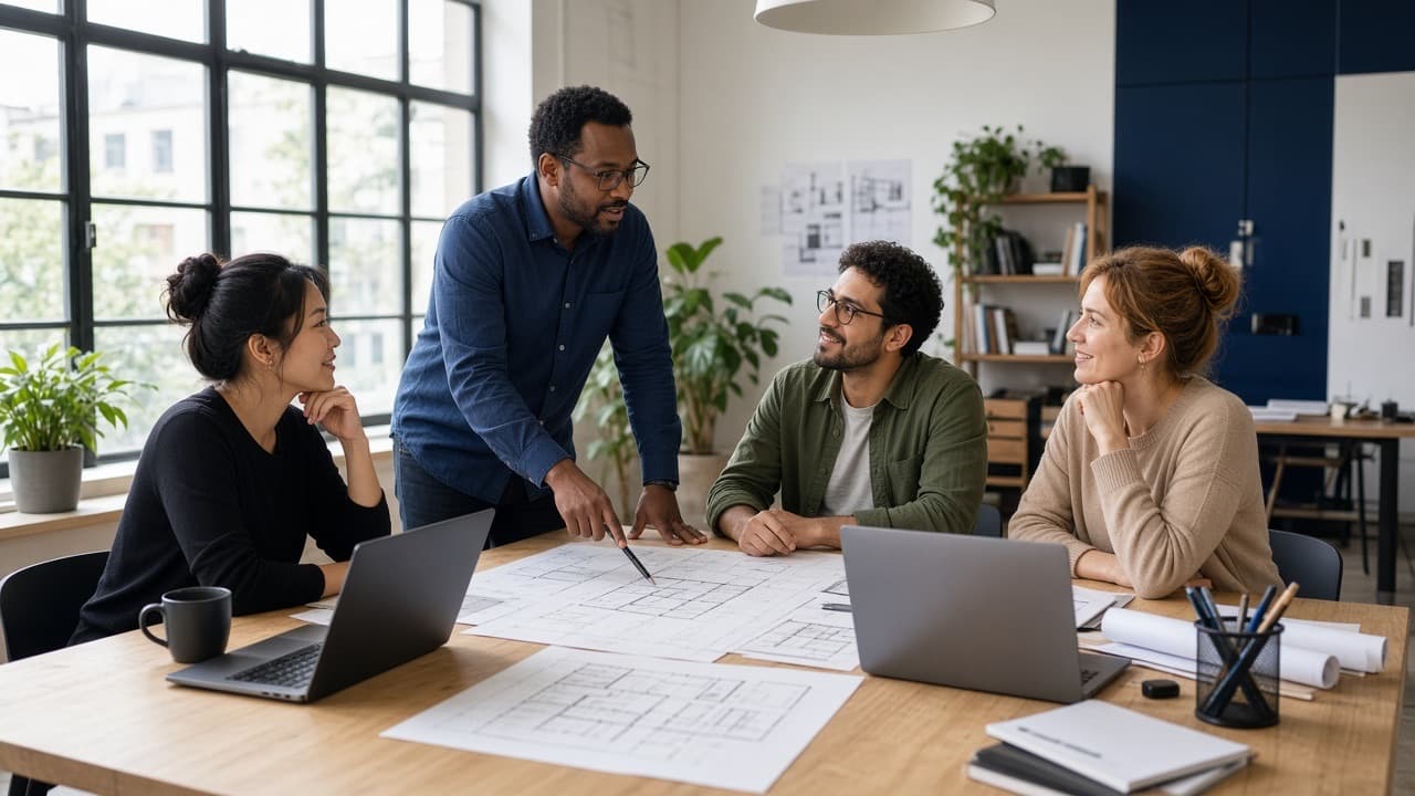 Engineering team discussing architecture drawings around a studio table